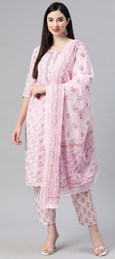 Pink and Majenta, White and Off White color Salwar Kameez in Cotton fabric with Embroidered, Printed, Resham, Thread work Reception Lehenga, Straight Cut Pants, Sequence Work, Kurta With Pants, Party Wear Sarees, Thread Work, Off White Color, Wear Pink, Summer Cotton