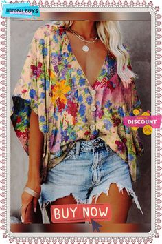 Women's V-neck Batwing Sleeve Digital Printing Blouses Multicolor Floral Print V-neck Blouse, Multicolor Floral Print V-neck Top, Summer Bohemian V-neck Blouse, Casual Floral Print V-neck Top For Summer, Multicolor V-neck Top For Spring, Fall Beach Tops With Split Neck, Spring Printed V-neck Tops, Spring V-neck Printed Tops, Multicolor Printed V-neck Blouse