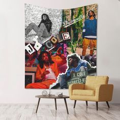 a wall hanging in a living room next to a chair