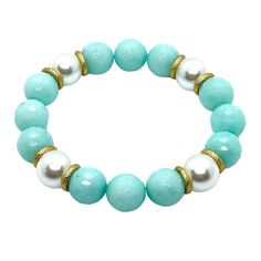 Aqua Jade And Glass Pearl Stretch Bracelet Measures: One Size Fits Most Finish Matte Gold 18KT Gold Plated Made In the USA Style Number: DB574 Elegant Turquoise Stretch Bracelet As A Gift, Elegant Turquoise Stretch Bracelet As Gift, Elegant Turquoise Beaded Bracelets For Party, Elegant Turquoise Bracelet For Party, Elegant Turquoise Crystal Bracelet With Faceted Beads, Elegant Turquoise Crystal Bracelet For Party, Elegant Turquoise Beaded Bracelet, Elegant Handmade Turquoise Stretch Bracelet, Elegant Turquoise Beaded Stretch Bracelet