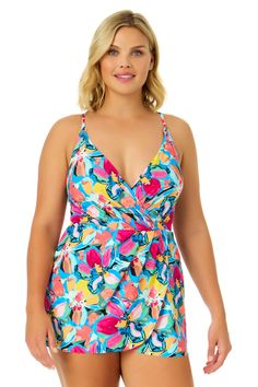 Amalfi Floral Swim Dress With Skirted Swim Bottom – Anne Cole Multicolor V-neck Tankini For Swimming, Fitted Sleeveless Tankini For Beach Cover-up, V-neck Lined Tankini For Vacation, V-neck Swim Dress For Vacation, Multicolor Tankini With Built-in Bra For Beach, Spring Vacation Swim Dress With Built-in Bra, Vacation Swim Dress With Built-in Bra For Beach Season, Beachwear Dress With Built-in Bra For Pool, Beachy V-neck Swim Dress For Pool