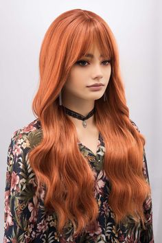 * Color: Orange Ginger  * Texture: Wavy * Wig Type: Machine Wefted * Length: About 24" * Cap Size: 21"-22.5" * Parting: Fixed Middle Part * Material: Heat Resistant Fiber * Lace Type: Skin Top The Orange Ginger Wavy Wig offers a vibrant touch of warmth and allure with its distinctive shade. At approximately 24" in length, this machine-wefted wig is designed for longevity and versatility. The high-quality, heat-resistant fiber ensures you can style it with heat tools without the worry of damage. Ginger Wig With Bangs, Copper Wig, Wig Closet, Ginger Wig, Long Wavy Wig, Celebrity Wigs, Orange Copper, Wig Party, Wavy Wig