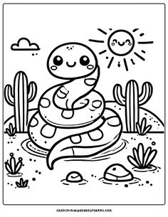 an adorable snake! This whimsical illustration captures a cheerful, curled-up snake basking in the sun, ready for a colorful adventure Desert Coloring Pages, Animals Coloring Pages For Kids, Arid Landscape, Beautiful Desert, Desert Animals, Desert Colors, Coloring Sheets For Kids