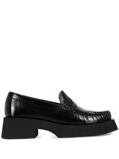 black calf leather patent finish crinkled finish chunky rubber sole piped-trim detailing almond toe branded leather insole Luxury Patent Leather Tassel Loafers With Leather Sole, Patent Leather Slip-on Platform Loafers With Leather Sole, Patent Leather Slip-on Platform Loafers, Pointed Toe Patent Leather Loafers With Textured Sole, Slip-on Platform Patent Leather Loafers, Modern Patent Leather Loafers With Textured Sole, Chic Patent Leather Loafers With Lug Sole, Almond Toe Patent Leather Platform Loafers With Leather Sole, Formal Patent Leather Loafers With Chunky Platform