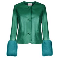 Verheyen Vita Cropped Jacket in Emerald Green Leather with Faux Fur - Size uk 12 Handmade in London, made with 100% Italian Lambs Leather and the highest quality of faux fur to match, this luxury item is an investment piece to wear for a lifetime. This piece is made by artisans in London, expert artisans who make for the top luxury brands. This is a coat to treasure for a life time and made by artisans. All of our faux fur is the most stunning, soft and beautiful quality making this leather tren 1980s Jacket, Green Leather Jackets, Emerald City, Leather Trench Coat, Red Blazer, Life Time, Gianni Versace, Cropped Jacket, College Fashion