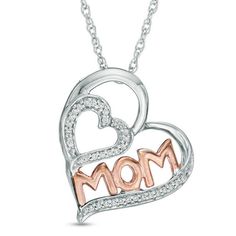 Sure to be adored, this sparkling diamond heart Mom pendant reminds her of your affection. Crafted in sterling silver, this open diamond-trimmed heart features a smaller diamond-lined heart inside, while the word "mom" rests diagonally in precious 10K rose gold inside. Radiant with 1/10 ct. t.w. of diamonds and a bright polished shine, this tilted double heart suspends close to hers along an 18.0-inch rope chain that secures with a spring-ring clasp. Diamond Accented Jewelry For Anniversary On Mother's Day, Mother's Day Anniversary Jewelry With Diamond Accents, Mother's Day Rose Gold Heart Necklace With Cubic Zirconia, Diamond White Heart Necklace For Anniversary And Mother's Day, Heart-shaped Diamond Jewelry Gift For Mom, Heart-shaped Diamond Cut Jewelry For Mother's Day, Heart-shaped Diamond Jewelry For Mom, Mother's Day Anniversary Heart Necklace With Diamond Accents, Mother's Day Jewelry With Diamond White Heart Charm