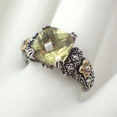 "Designer Barbara Bixby ornate sterling silver ring, decorated with Citrine stone centerpiece and applied figural 18k (.750) yellow gold flowers. Made in China, signed. This gorgeous ring is a size 8, it is 7/16\" wide, weighing 8 grams. EA4386" Elegant Yellow Ring Stamped 925, Elegant Citrine Rings Stamped 925, Gold Topaz Ring Stamped 925 For Anniversary, Yellow Heirloom Ring For Collectors, Yellow Heirloom Ring, Yellow Heirloom Collectible Ring, Filigree Bracelet, Gorgeous Ring, Citrine Ring