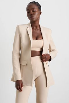 Bonded Blazer 713 | Latte Beige | AJE ATHLETICA – Aje Aje Athletica, Hem Leggings, Platform Slides, Full Look, Fashion Winter, Split Hem, Welt Pocket, Shoulder Pads, Size 16