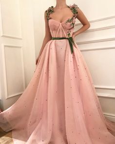 Pink Dresses With Floral Applique And Fitted Bodice, Green Floral Embellished Party Gown, Green Floral Party Gown, Pink Tulle Evening Dress For Pageant, Pink Tulle Evening Dress For Pageants, Pink Princess Evening Dress For Pageant, Pink Gown For Pageant In Prom Season, Pink Floral Applique Gown For Gala, Pink Floral Embellished Floor-length Evening Dress