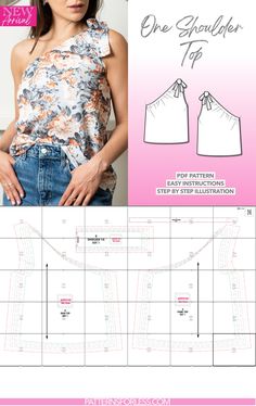 One Shoulder Tie Top Sewing Pattern One Shoulder Tie Top, One Shoulder Blouse Pattern, Free Womens Top Sewing Pattern, One Shoulder Top Bra Hack, Tie Top Sewing Pattern, Tie Top Pattern, Cotton Top Patterns, Shoulder Tie Top, Trendy Crop Tops