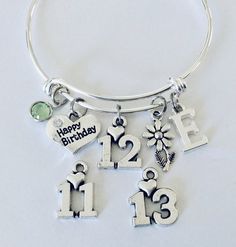 Girls Happy 12th Birthday Charm Bracelet Expandable and Completely Adjustable.  Can be adjusted as small as needed by Gently squeezing the bracelet smaller.  Stainless Steel Split rings attach charms to bangle making them almost possible to come off. No more lost charms!!!My bangles are expandable ensuring the perfect fit for every wrist. Each Bangle is made with the Best Quality components to be Durable and Sturdy yet with an Elegant and flowing style. Perfect for collecting and this years most Kids Charm Bracelet, Birthday Charm Bracelet, Bangle Making, Happy 12th Birthday, Kids Bangles, Stackable Bangles, Birthday Stuff, Bangles Making, 12th Birthday