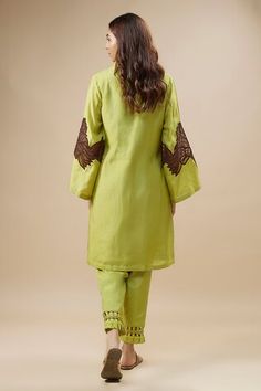 Green kurta with thread embroidery in floral pattern on sleeves. Paired with pant. - Aza Fashions Fitted Sets With Embroidered Sleeves For Diwali, Fitted Green Pant Set With Resham Embroidery, Cotton Silk Kurta With Embroidered Sleeves, Eid Straight Kurta Set With Embroidered Sleeves, Long Sleeve Cotton Silk Kurta With Embroidered Sleeves, Fitted Sets With Embroidered Sleeves For Eid, Unstitched Cotton Silk Kurta With Embroidered Sleeves, Straight Kurta Set With Embroidered Sleeves For Diwali, Unstitched Sets With Embroidered Sleeves For Festive Occasions