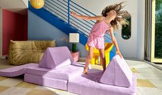 The Original Nugget Play Couch In Moonshot | Nugget® Three Nugget Builds, Fun Couch, Nugget Couch, The Nugget, Play Couch, Colorful Playroom, Build A Playhouse, Triangle Pillow, Cozy Reading