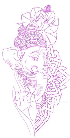 an elephant with a flower on it's head is drawn in purple ink by hand