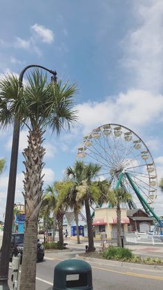 a large ferris wheel sitting next to palm trees