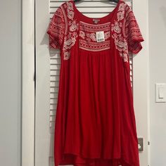 Nwt Ecote Red And White Bohemian Flowy Dress Urban Outfitters Flower Embroidery On Chest And Sleeves Never Worn With Original Tags, Perfect Condition Very Lightweight Material Red Floral Embroidered Summer Dress, Red Floral Embroidered Beach Dress, Casual Tunic Dress With Embroidered Hem, Red Tunic Dress For Summer, Red Floral Embroidered Dress For Summer, Casual Red Embroidered Dress, Casual Red Dress With Floral Embroidery, Casual Red Dresses With Floral Embroidery, Red Folk Style Dress With Embroidered Hem