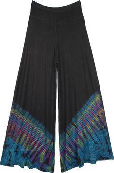 These loose and broad leg pants in black look very elegant and trendy, wide leg tie-dye palazzos feature easy pull-on styling and colorful accents. A very comfortable pair of pants in luxuriously soft fabric, these tie-dye palazzos are perfect - comfortable, bohemian and fun. #tlb #SplitSkirtsPants #vacationclothing #beachwrap #TieDye #Tiedyepalazzopants #widelegtiedyepantspants #festivalbohopants #wideleghippiepants Black Rayon Casual Pants, Casual Black Rayon Pants, Black Rayon Pants With Elastic Waistband, Black Rayon Long Pants, Black Wide-leg Rayon Pants, Black Flare Wide Leg Pants For Summer, Black Bohemian Wide Leg Pants, Tie Dye Wide Leg Bottoms With Elastic Waistband, Tie Dye Stretch Wide Leg Bottoms