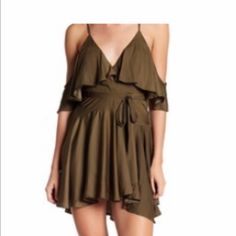 Olive Green, Adorable, Flattering Mini Dress. Never Worn. Nwt. Flowy Mini Dress With Ruffle Hem For Night Out, Flirty Flowy Ruffle Dress For Date Night, Flowy Ruffle Dress For Date Night, Flowy Ruffle Mini Dress For Date Night, Flowy Mini Ruffle Dress For Date Night, Flowy V-neck Ruffle Dress For Date Night, Chic Cold Shoulder Mini Dress With Ruffles, Cold Shoulder Mini Dress For Summer Brunch, Summer Cold Shoulder Mini Dress For Brunch