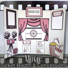 a movie ticket booth with popcorn and movies