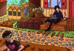 two people are sitting on the steps in front of a house and one is using a laptop