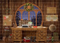 an old fashioned desk with a typewriter on it in front of a stained glass window