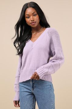 Add a little flair to your sweater collection this season with the Lulus Trend Maker Lavender Pointelle Knit V-Neck Sweater! Medium weight knit shapes long oversized sleeves decorated with various designs of pointelle knit and wide ribbed cuffs. The relaxed-fit bodice has a deep V-neckline and ribbed hem. Fit: This garment fits true to size. Length: Size medium measures 21.5" from shoulder to hem. Bust: Great for any cup size. Waist: Loosely Fitted. Undergarments: May be worn with any standard b Spring Pointelle Knit V-neck Sweater, Winter V-neck Open Knit Top, Fall Open Knit V-neck Sweater For Layering, Purple Knit Top For Spring, Spring V-neck Pointelle Knit Sweater For Layering, Spring Layering V-neck Pointelle Sweater, Spring Layering Pointelle Knit V-neck Sweater, Spring Pointelle Knit V-neck Sweater For Layering, Trendy Cropped Pointelle Knit Sweater