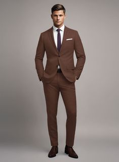 Everytime a brown suit was put to a test, it passed with flying colors. Crafted from 100% wool, our Scabal Brick Brown Wool suit is a wardrobe essential for timeless styling, which has been gently milled to give a soft superior feel. Wear this sleek suit to special occasions, whether you're headed to work or looking to add some class to your everyday outfits for years to come. Simply pair it up with a matching waistcoat, white shirt, maroon tie and black shoes to seal the ensemble.   Look Includes  Scabal Brick Brown Wool Fabric  Two Button Jacket Style  Notch Lapel  Real Horn Brown Buttons  Single Vent  Three Cuff Buttons  Two Welted Back Pockets on Trousers    You can change the look during customization if required.   Weight: Light Weight/260gr, Lining: 100% Viscose, Dry Clean. Brown Suit Ideas For Men, Luxury Brown Classic Suit And Tie Accessories, Brown Tie Outfit Men, Brown Suit Black Shirt, Classic Brown Three-piece Suit With Long Sleeve, Fitted Brown Suits For Office, Brown Notch Lapel Blazer For Office, Fitted Brown Suits For Office Wear, Fitted Brown Suits For Formal Occasions