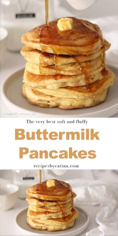 pancakes are stacked on top of each other with butter and syrup being poured over them