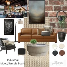 a living room with couches, chairs and pictures on the wall above it is an industrial mood sample board