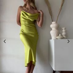 Satin Lime Green, Never Worn Midi Dress Green Satin Slip Dress For Brunch, Spring Green Midi Dress For Dinner, Green Sleeveless Midi Dress For Dinner, Green Sheath Midi Dress For Brunch, Bodycon Short Dress, Dresses Satin, Green Satin, Short Dress, Lime Green