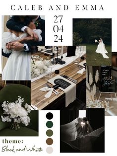 a collage of wedding photos with white flowers and greenery on the table in front of them