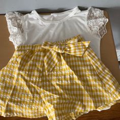 This Super Cute Checkered Short Set With A Laced Top Is Perfect To Be Dressed Up Or Down. Yellow Summer Top For School, Yellow Tops For School In Summer, Yellow Summer Tops For School, Easter Outfit Women, Lucky Brand Outfits, Pajama Costume, Plaid Set, Wonder Boys, Cotton Outfit