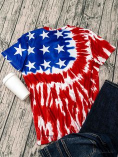 Lasaky - Trendy Tie Dye Flag Print Crew Neck T-Shirt: Comfortable Short Sleeve Top for Spring & Summer, Womens Fashion Tie Dye Short Sleeve Top With Letter Print, Multicolor American Flag Print Tops For Summer, Casual Multicolor T-shirt For 4th Of July, Multicolor American Flag Tops For Summer, Patriotic Multicolor Tops For Independence Day, Multicolor Cotton Top For 4th Of July, Summer Flag Print Crew Neck T-shirt, Summer Crew Neck T-shirt With Flag Print, Multicolor Flag Print Casual T-shirt