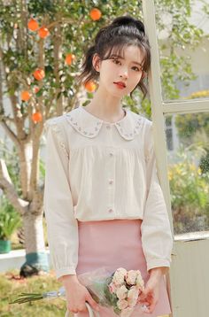 Budding Blossoms Embroidered Blouse (2 Colors) Embroidered Buttons, Shoe Gifts, Pan Collar, Peter Pan Collar, Sweater Blouse