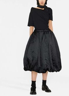 Polyester puff midi skirt in black.  elasticated waistband  pleated  mid-length    100% polyester.  made in japan. Comme Des Garcons Black, Jenny Bird, Clare V., Upcycled Materials, Black Midi Skirt, Womens Size Chart, Comme Des Garcons, Luxury Retail, Mid Length