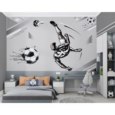 soccer player kicking the ball wall decal in a bedroom with grey walls and white furniture