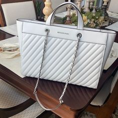 Approx 14” X 16” X 5” Vegan Leather Mk Purse With Dust Cover And Tags Still Attached. Color Is An Oyster White. Chain Shoulder Strap Or Handles. One Large Compartment In Side With Zipper Pocket And Two Pockets. Zipper Closure. Looks And Feels Classy And Elegant. I Love This Purse Because It Looks Different Than Most Mk’s. White Luxury Everyday Bag With Handles, White Luxury Everyday Bags With Handles, White Everyday Luxury Bag With Handles, White Everyday Luxury Bags With Handles, Oyster White, Michael Kors Bedford, Purse White, Mk Purse, Classy And Elegant