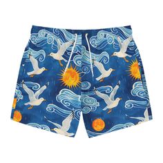 Nothing can swoosh down the summer heat like a dive into the sea - or into the nearest pool. These personalized swim trunks are here to take on your exclusive designs and most playful patterns. With an all-over-print capability accompanied by vivid colors, these swim trunks help you conquer the summer season in custom style.  .: Material: 100% polyester .: Mesh-lined side pockets .: Extra light fabric (3.54 oz/yd² (120 g/m .: Fast-dry fabric .: Mesh basket lining  .: Printed care label inside .: Playful Blue Swimwear For Water Sports, Playful Swimwear For Summer Water Sports, Summer Swimwear With Graphic Print For Pool, Graphic Print Swimwear For Pool And Summer, Graphic Print Swimwear For Summer Pool, Summer Graphic Print Swimwear For Pool, Beachwear Swim Trunks With Graphic Print, Surfing Swimwear With Graphic Print For Beach Season, Graphic Print Swimwear For Surfing In Beach Season