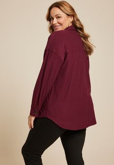 Plus Size Collegiate Textured Shacket - Materials & Care:imported - 65% polyester 35% cotton - machine wash Burgundy Button-up Top For Fall, Fall Burgundy Button-up Tops, Maurices Plus Size, Blouse Pants, Feel Pretty, Shoes With Jeans, A Plus, Buy Shoes, Top Shoes