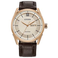 Classic Ivory Dial Leather Strap AW0082-01A | CITIZEN Rose Gold Business Watch With Date Display, Leather Business Watches With Date Display, Timeless Brown Watch With Date Indicator, Modern Business Watches With Day-date Display, Formal Brown Watch With Date Display, Formal Brown Watches With Date Display, Brown Watches With Date Display, Classic Leather Watches With Day-date Display, Timeless Leather Watch With Date Display