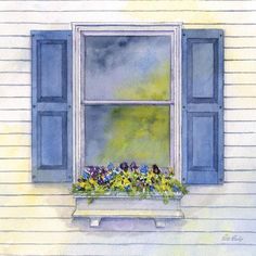 a watercolor painting of a window with blue shutters and flowers on the ledge