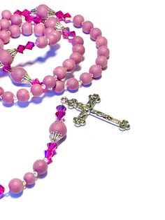 Personalized Pink Rosary Swarovski Crystals Easter Rosary - Etsy Spiritual Pink Jewelry For Birthday, Spiritual Rosary As Valentine's Day Gift, Pink Rosary, Wedding Rosary, Custom Rosary, First Communion Gifts, Purple Necklace, Spring Jewelry, Rosary Catholic