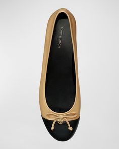 Tory Burch Bicolor Cap-Toe Ballerina Flats Golden Logo, Free Tote, Versace Outfit, Trending Handbag, Ballerina Flats, Tory Burch Shoes, Ulla Johnson, Tall Boots, Manolo Blahnik