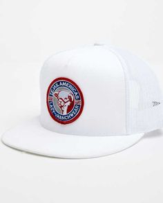 White Breathable Flat Brim Baseball Cap, White Breathable Hats For Baseball Season, White Breathable Snapback Hat With Flat Brim, White Breathable Flat Bill Baseball Cap, White Breathable Six-panel Snapback Hat, Breathable White Six-panel Snapback Hat, White Breathable 5-panel Baseball Cap, White Breathable Trucker Baseball Cap, White Flat Brim Baseball Cap With Logo Patch