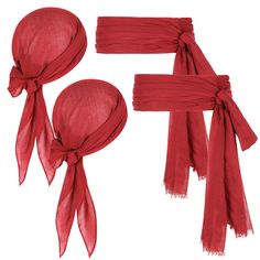 three pieces of red scarves with ties on top and two headscarves in the middle