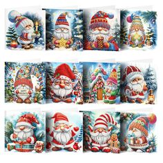 six christmas cards with santa clauss and other holiday decorations on them, all in different styles