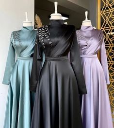 Modern & Modest Satın dress with pleated and embroidered shoulders Formal Evening Dress Hijabi Dresses, Elegant Silk Dresses, Evening Dress Beaded, Wedding Couture, Modest Evening Dress, Queen Dresses, Simple Bridesmaid Dresses, Gown Style, Islamic Wedding