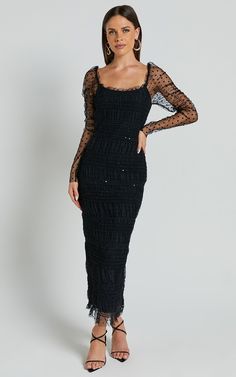 Evelyn Midi Dress - Long Sleeve Shirred Tulle Dress in Black Polka Black Ruched Midi Dress For Gala, Fitted Black Midi Dress For Prom, Fall Gala Ruched Dresses, Chic Evening Dresses In Polka Dot, Chic Polka Dot Evening Dress, Black Ruched Dress For Prom Season, Elegant Polka Dot Midi Dress For Evening, Polka Dot Long Sleeve Party Dress, Fall Party Midi Dress With Fitted Bodice