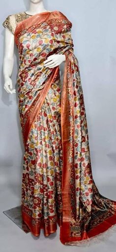 Item...Kalamkari Saree Fabric...Munga Tussar Silk Length...Saree 5.5 mtr Bp...1 mtr Care...Dry Wash Multicolor Silk Kalamkari Pre-draped Saree, Multicolor Silk Pre-draped Saree With Kalamkari Print, Pre-draped Tussar Silk Saree With Kalamkari Print, Multicolor Pre-draped Saree With Printed Border In Tussar Silk, Raw Silk Saree With Printed Border, Slub Silk Pre-draped Saree With Kalamkari Print, Art Silk Kalamkari Pre-draped Saree, Kalamkari Print Art Silk Pre-draped Saree, Art Silk Pre-draped Saree With Kalamkari Print