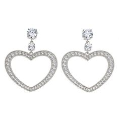 Radiance by Absolute™ 3.99ctw Open Heart Drop Earrings Modern love. Fall into it every time you wear this dangly, open-heart earring design. It's a fresh and simple take on a timeless symbol.       Each approx. 1-3/8"L x 1-1/8"W     Stamped .925 sterling silver; rhodium plating or goldtone; polished finish      Pierced with clutch backs    Stone Information       All sizes and weights, including diamond equivalent weights (DE), are approximate     Total Carat Weight: 6.80ctw, 3.99ctw (DE)     Cl Classic Dangle Heart Earrings For Anniversary, Classic Dangle Earrings For Valentine's Day, Classic Valentine's Day Dangle Earrings, Valentine's Day Classic Dangle Earrings, Elegant Open Heart Cubic Zirconia Earrings, Valentine's Day Double Heart Classic Earrings, Valentine's Day Classic Double Heart Earrings, Classic Heart Shaped Earrings With Diamond Accents, Classic Double Heart Wedding Earrings